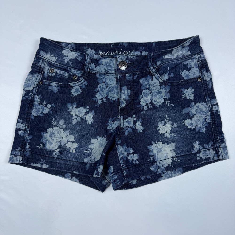 Maurices Denim Shorts Womens 5/6 Blue Floral Rose Cuffed Stretch